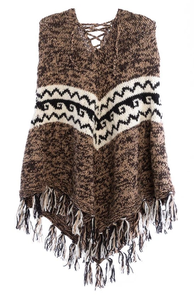 Saachi Tassel Wool Knit Poncho In Beige