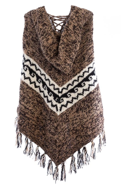 Saachi Tassel Wool Knit Poncho In Beige