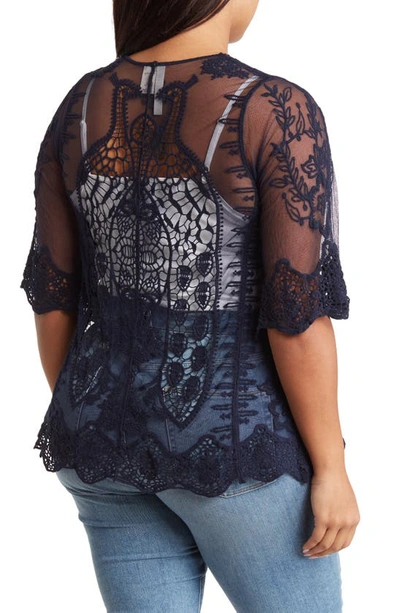 Forgotten Grace Tie Front Crochet Lace Trim Top In Navy