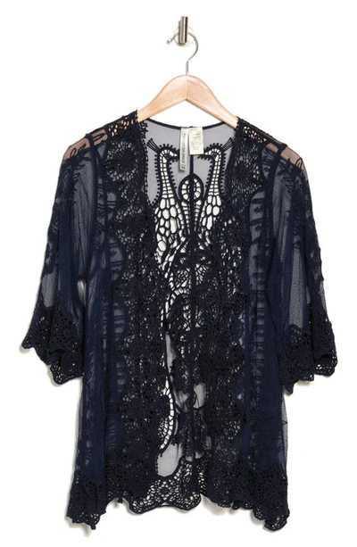 Forgotten Grace Tie Front Crochet Lace Trim Top In Navy