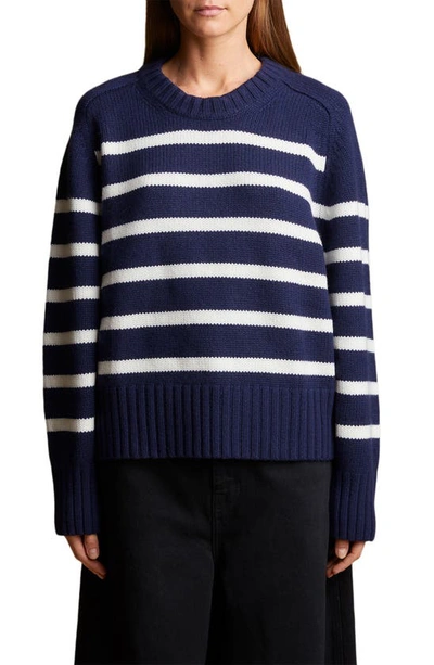 Shop Khaite Mae Crewneck Cashmere Sweater In Marine/ Glaze Stripe