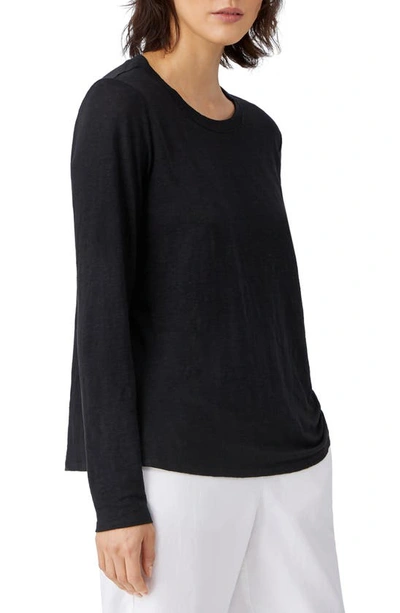 Shop Eileen Fisher Organic Linen Long Sleeve T-shirt In Black