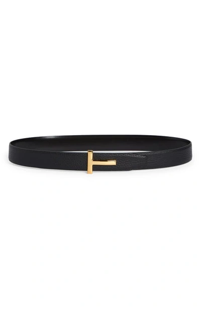Tom Ford Reversible T-logo Leather Belt In Black