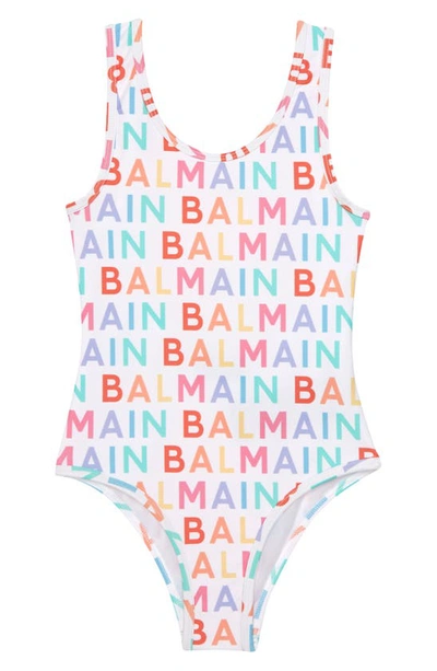 Shop Balmain Kids' Allover Logo One-piece Swimsuit In 100mc Wht/ Mltcl