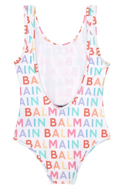 Shop Balmain Kids' Allover Logo One-piece Swimsuit In 100mc Wht/ Mltcl