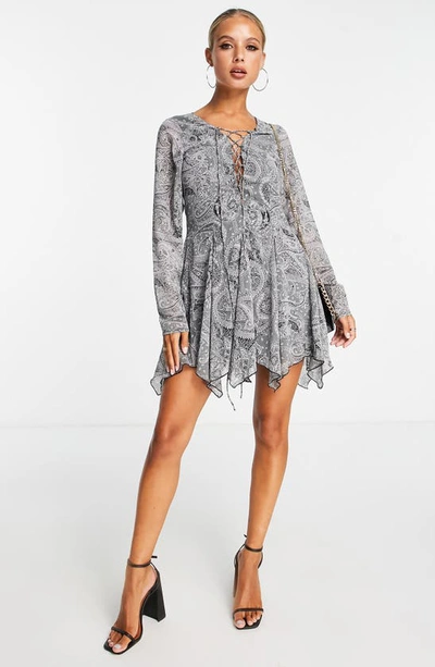 Shop Asos Design Paisley Print Lace-up Long Sleeve Minidress In Grey