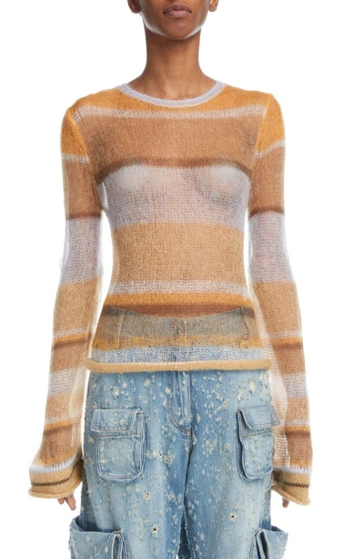 Shop Acne Studios Karis Stripe Open Stitch Crewneck Mohair & Wool Blend Sweater In Brown/ Multi