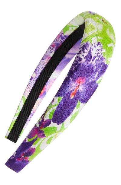 Shop Versace Floral Print Padded Silk Headband In White/ Green