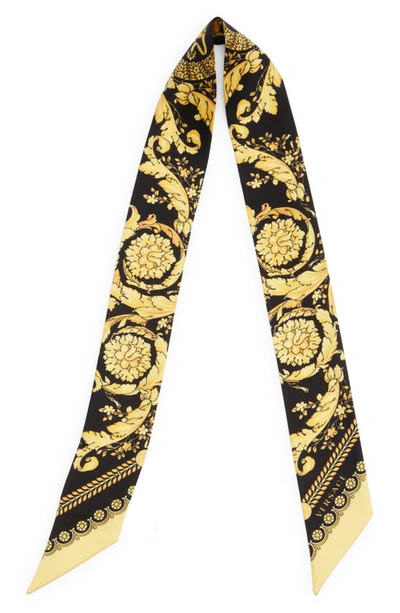 Shop Versace Barocco Print Silk Skinny Scarf In Black/ Gold