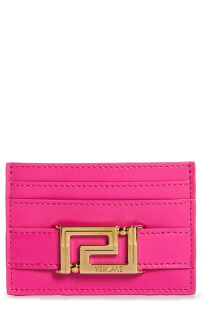 Shop Versace La Greca Leather Card Case In Glossy Pink/  Gold