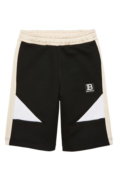 Shop Balmain Kids' B Logo Colorblock Cotton Blend Sweat Shorts In 930 Black