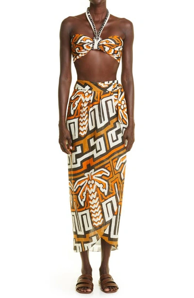 Shop Johanna Ortiz Sea Of Sand Tropical Print Linen Wrap Skirt In Chocolate/ Terracota/ Ecru