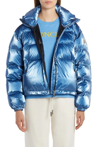 Shop Moncler Moselotte Hooded Short Down Puffer Jacket In Blue