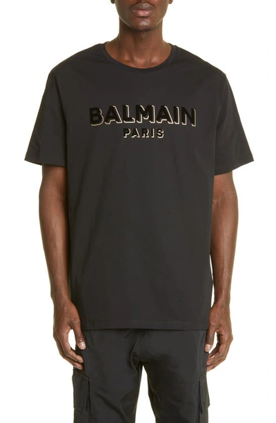 Shop Balmain Flock & Foil Logo Cotton Graphic Tee In Black/ Gold