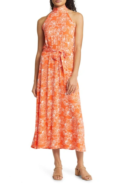 Shop Loveappella Floral Tie Waist Halter Knit Maxi Dress In Tangerine