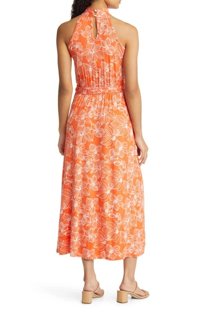 Shop Loveappella Floral Tie Waist Halter Knit Maxi Dress In Tangerine