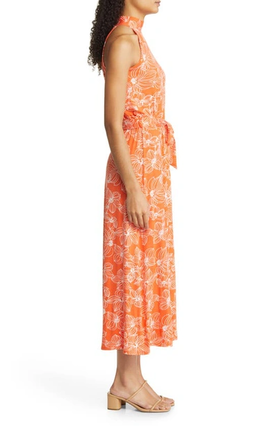 Loveappella Floral Tie Waist Halter Knit Maxi Dress In Tangerine