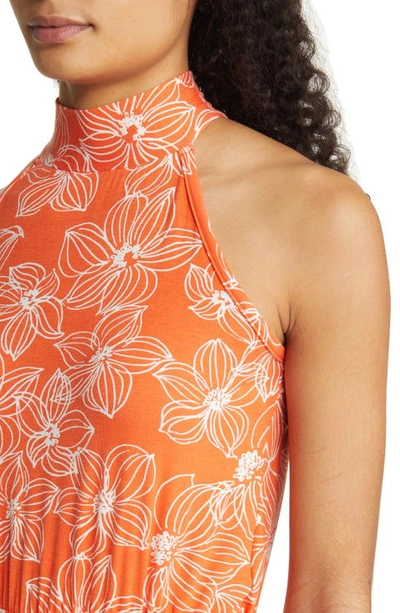 Loveappella Floral Tie Waist Halter Knit Maxi Dress In Tangerine