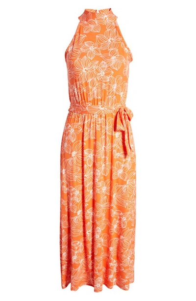 Loveappella Floral Tie Waist Halter Knit Maxi Dress In Tangerine