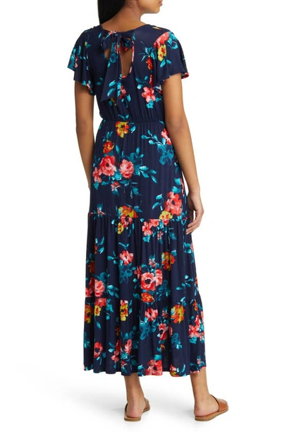 Shop Loveappella Floral Tiered Faux Wrap Knit Maxi Dress In Navy/ Coral