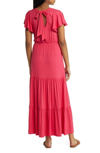 Shop Loveappella Tiered Faux Wrap Knit Maxi Dress In Pink Polish