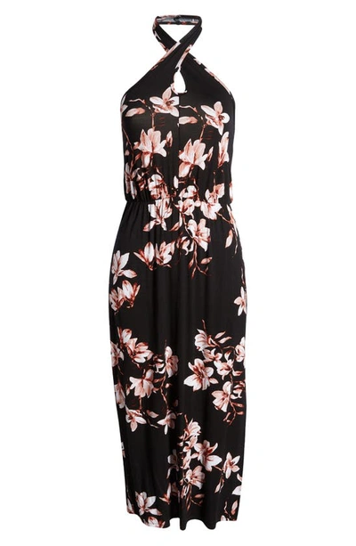 Shop Loveappella Floral Print Twist Halter Neck Midi Dress In Black/ Blush