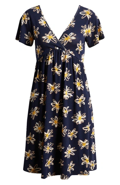 Loveappella Floral Tie Back Surplice V-neck Knit Minidress In Navy/ Ivory