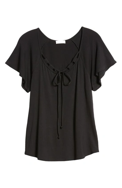 Loveappella Tie Neck Flutter Sleeve Top In Black