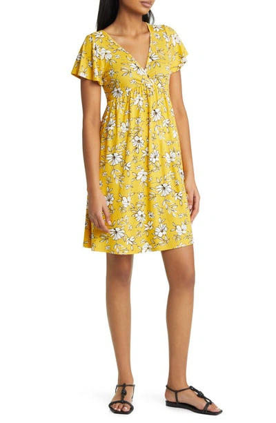 Loveappella Floral Tie Back Surplice V-neck Knit Minidress In Sunflower