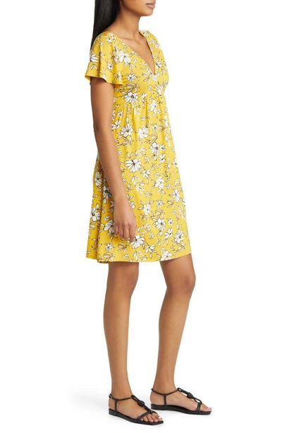 Loveappella Floral Tie Back Surplice V-neck Knit Minidress In Sunflower