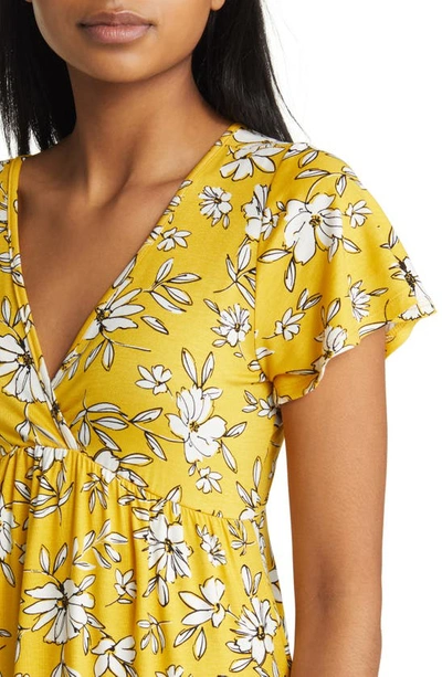 Loveappella Floral Tie Back Surplice V-neck Knit Minidress In Sunflower