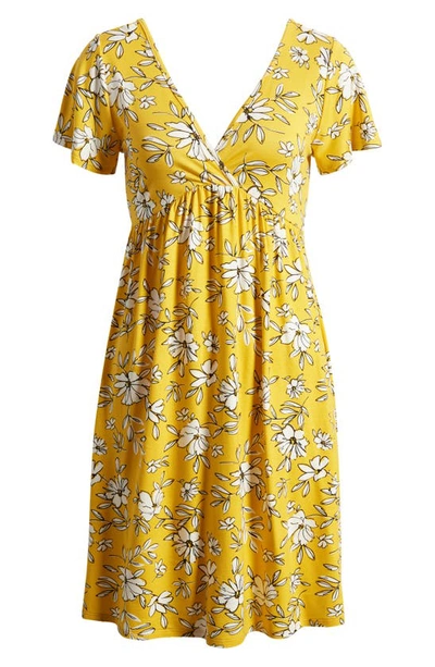 Loveappella Floral Tie Back Surplice V-neck Knit Minidress In Sunflower