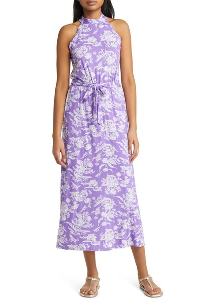 Shop Loveappella Floral Tie Waist Halter Knit Maxi Dress In Violet