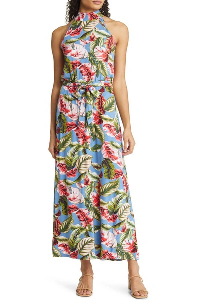 Shop Loveappella Palm Print Tie Waist Halter Knit Maxi Dress In Denim