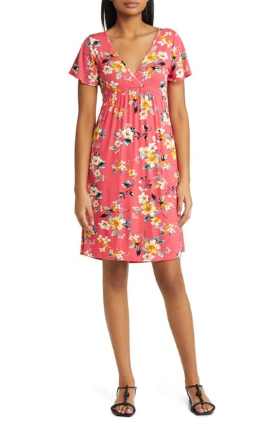 Shop Loveappella Floral Tie Back Surplice V-neck Knit Minidress In Coral