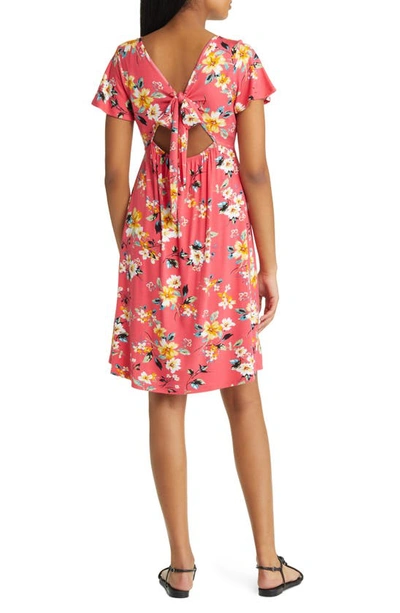 Shop Loveappella Floral Tie Back Surplice V-neck Knit Minidress In Coral