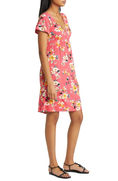 Loveappella Floral Tie Back Surplice V-neck Knit Minidress In Coral