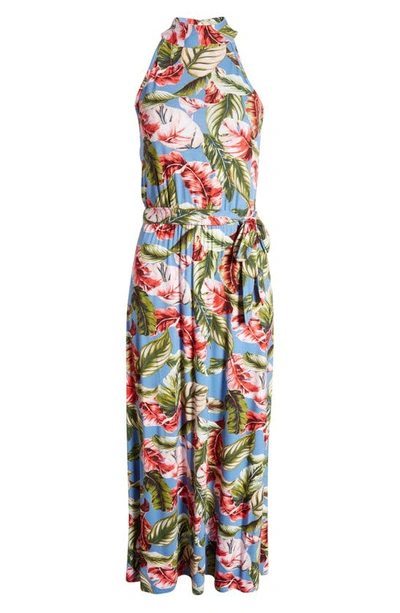 Shop Loveappella Palm Print Tie Waist Halter Knit Maxi Dress In Denim