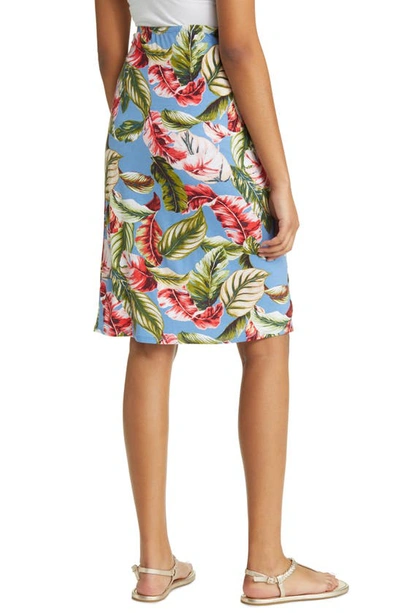 Shop Loveappella Palm Print Faux Wrap Knit Midi Skirt In Denim