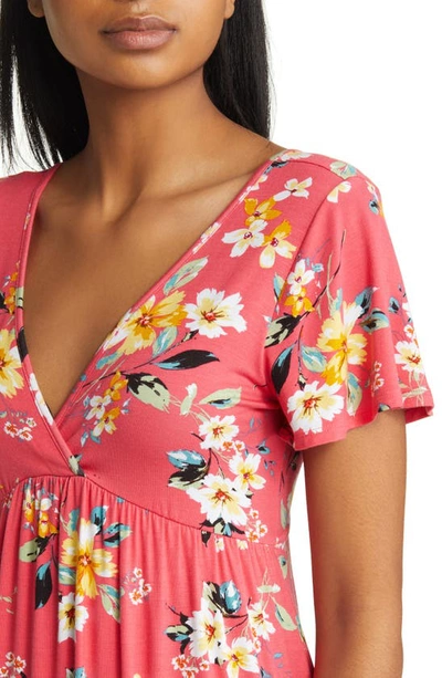 Loveappella Floral Tie Back Surplice V-neck Knit Minidress In Coral