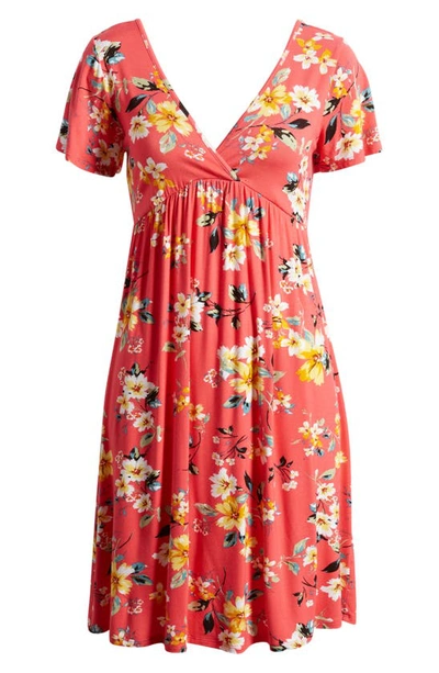 Loveappella Floral Tie Back Surplice V-neck Knit Minidress In Coral