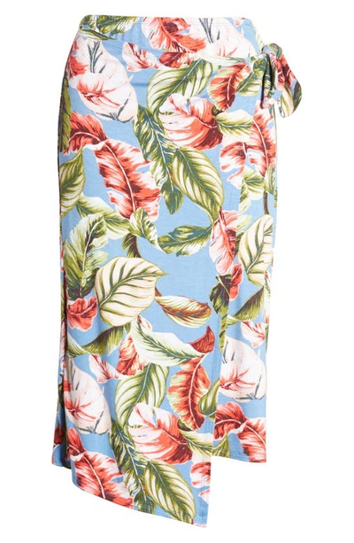 Shop Loveappella Palm Print Faux Wrap Knit Midi Skirt In Denim