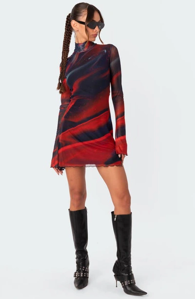 Edikted Sparks Fly Mock Neck Long Sleeve Mesh Minidress In Mix