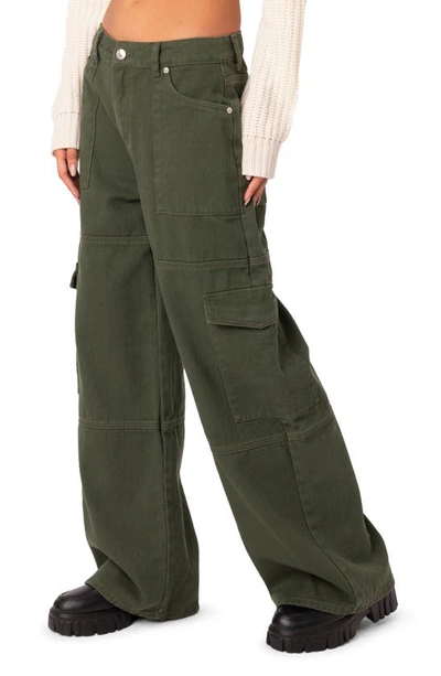 Shop Edikted Ember Denim Cargo Pants In Olive