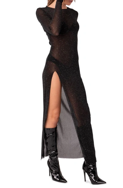 Shop Edikted Glitter Mesh Slit Maxi Dress In Black