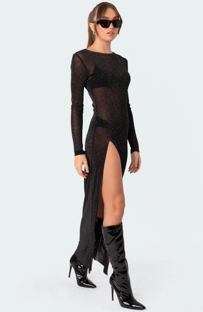 Shop Edikted Glitter Mesh Slit Maxi Dress In Black