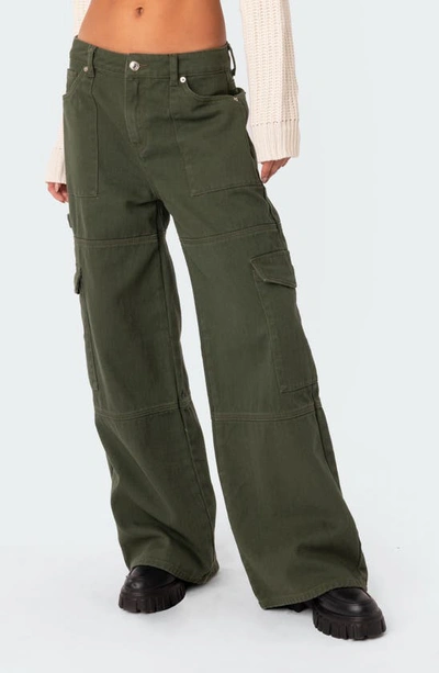 Shop Edikted Ember Denim Cargo Pants In Olive