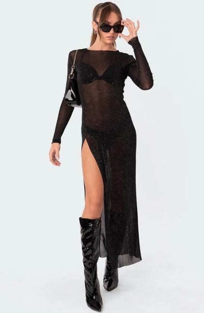Edikted Glitter Mesh Slit Maxi Dress In Black