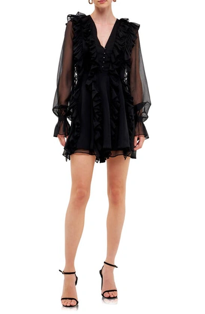 Endless Rose Ruffle Long Sleeve Chiffon Minidress In Black