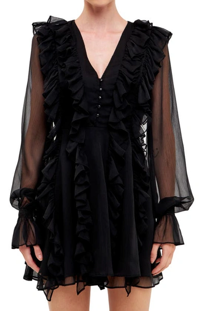 Endless Rose Ruffle Long Sleeve Chiffon Minidress In Black